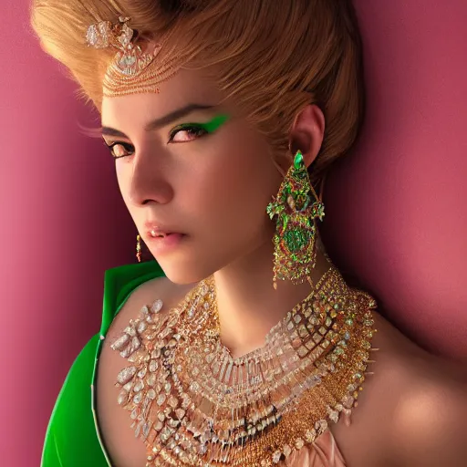 Image similar to portrait of wonderful princess of emeralds with fair skin, ornate, 8 k, gorgeous, intricate, detailed, accent lighting, ethereal lighting, hyper realism, octane render