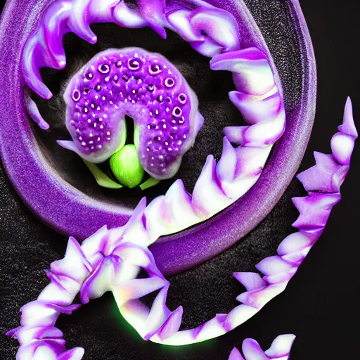 Image similar to Deep imprint flower core, our ouroborous devours it's tail by Rick Baker, black, neon purple, Hyperreal, Photographed in the Style of Annie Leibovitz, Studio Lighting