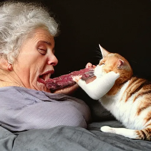 Prompt: an old woman swallowing a whole cat