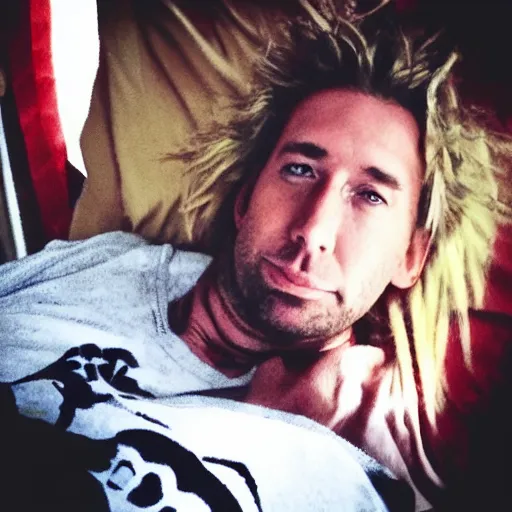 Image similar to chad kroeger snapchat selfie laying in bed with a black tanktop