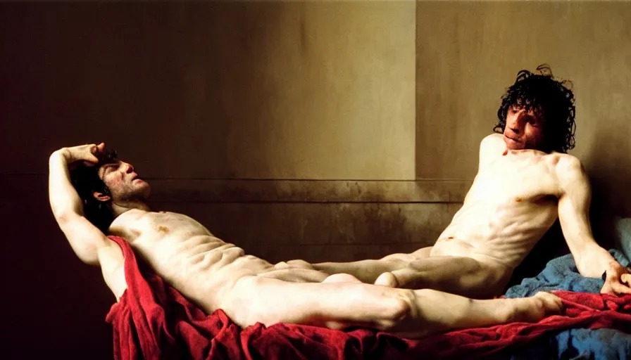 Prompt: movie still of jean - paul marat a wound at the chest, bleeding in the bath, cinestill 8 0 0 t 3 5 mm, high quality, heavy grain, high detail, cinematic composition, dramatic light, anamorphic, ultra wide lens, hyperrealistic, by martin schoeller