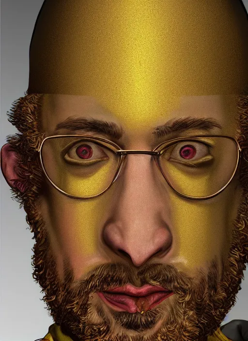 Image similar to Sam Hyde in gold suit, sigma male, accurately portrayed, portrait art by Hieronymus Bosch, highly detailed, digital painting, concept art, illustration, horror element, very detailed, smooth, sharp focus, octane render, close up