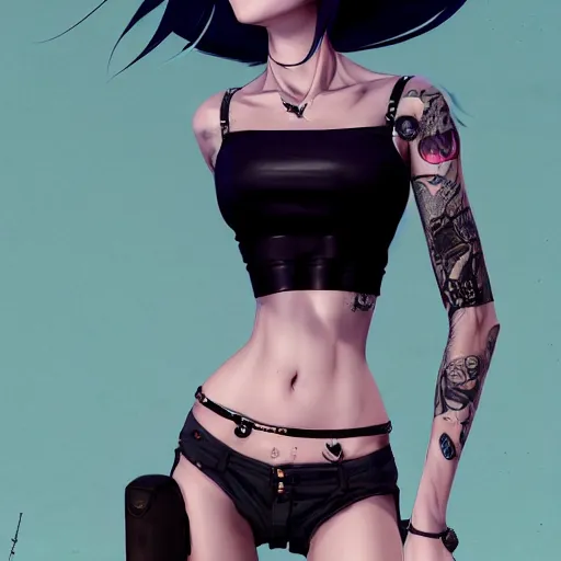 Image similar to torso shot of a beautiful punkrock woman in crop top, art by saruei and guweiz and ilya kuvshinov, digital art, highly detailed, intricate, sharp focus, trending on artstation hq, deviantart, pinterest, unreal engine 5, 4 k uhd image