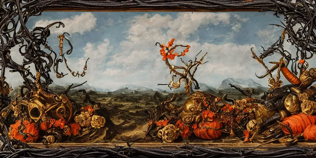 Prompt: portrait, war, knight, rabbit, horns, famine, death, war, wide angle, puffy clouds, skies behind, stars in sky, italian masterpiece, Ashford Black Marble, sculpture, baroque, draped with orange carrot and vines and spines, marble and gold, drapes, white details, beetle, still life, Obsidian, portrait, rabbit, snails vs worms, goose, render, artstation, ultra detailed