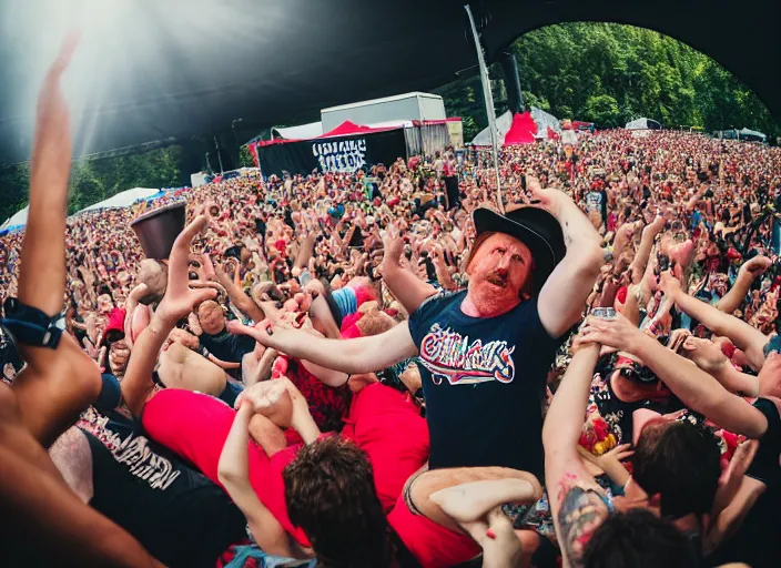 Image similar to photo still of gallagher at vans warped tour!!!!!!!! at age 4 5 years old 4 5 years of age!!!!!!! throwing watermelons at a crowd, 8 k, 8 5 mm f 1. 8, studio lighting, rim light, right side key light