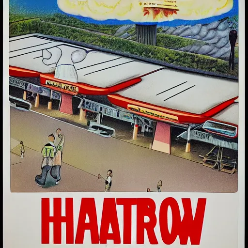 Prompt: A 1980s poster of a hawker centre and mushroom cloud