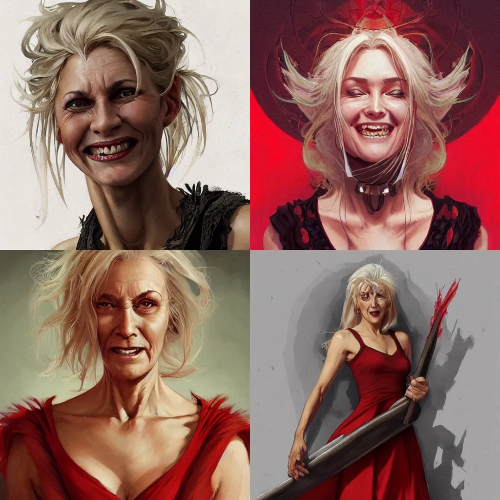 Prompt: middle-aged witch, wide smile, foxy, sharp features, bleached hair, sleeveless red dress, highly detailed, digital painting, artstation, concept art, smooth, sharp focus, beautiful face, expressive eyes, illustration, art by Artgerm and greg rutkowski and alphonse mucha