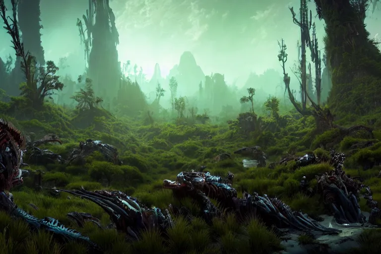 Image similar to wide epic shot from horizon forbidden west. a hyper detailed organic mechanic creatuve realistic similar look as horizon forbidden west horizon zero dawn, bioluminiscence in a dark deep forest at dawn in spring, with reflection and textures, by kilian eng, substance painter reaslitic mech surface metal painted scratches, world env from horizon forbidden west horizon zero dawn