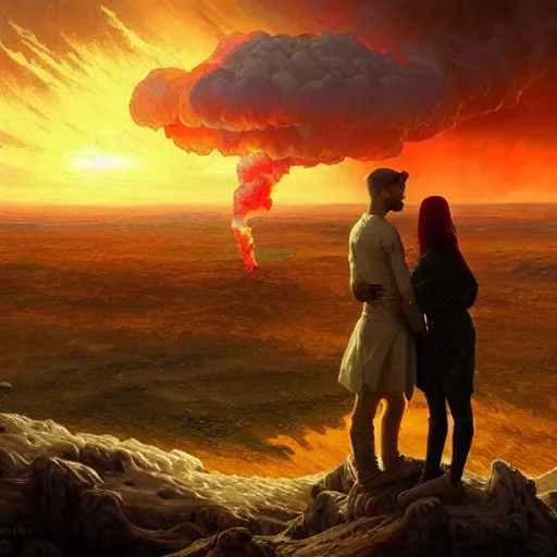 Image similar to a young couple watching a nuclear explosion, romantic, mushroom cloud, uplifting, happy, apocalytic detailed digital matte painting by artgerm, greg rutkowski and alphonse mucha