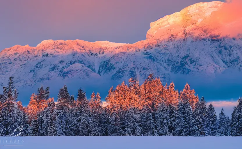 Image similar to professional photo of a snow topped mountain lit by the sunset