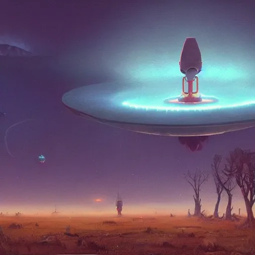 Image similar to a digital painting of a gigantic big enormous ufo spaceship in the sky on earth concept art by simon stalenhag and peter mohrbacher cgsociety, speedpainting, apocalypse art. unreal engine. hyper - realistic. photo realistic. 3 d render. octane render. detailed masterpiece. extreme wide shot.