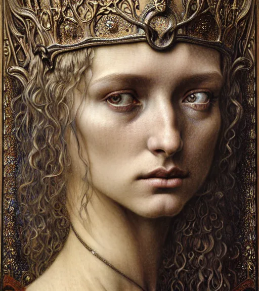 Image similar to detailed realistic beautiful young medieval queen face portrait by jean delville, gustave dore and marco mazzoni, art nouveau, symbolist, visionary, gothic, pre - raphaelite. horizontal symmetry by zdzisław beksinski, iris van herpen, raymond swanland and alphonse mucha. highly detailed, hyper - real, beautiful, fractal baroque