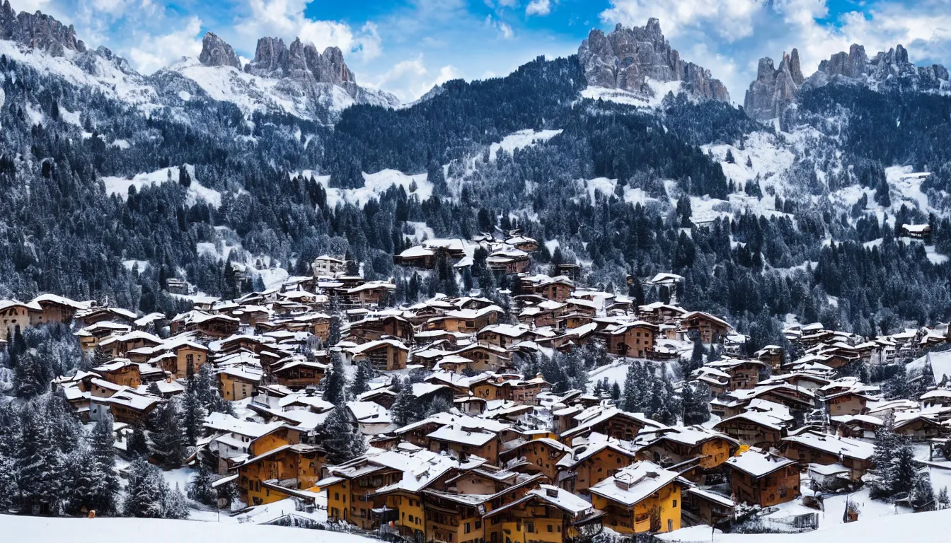 Prompt: an italian town in the dolomites mountains, winter