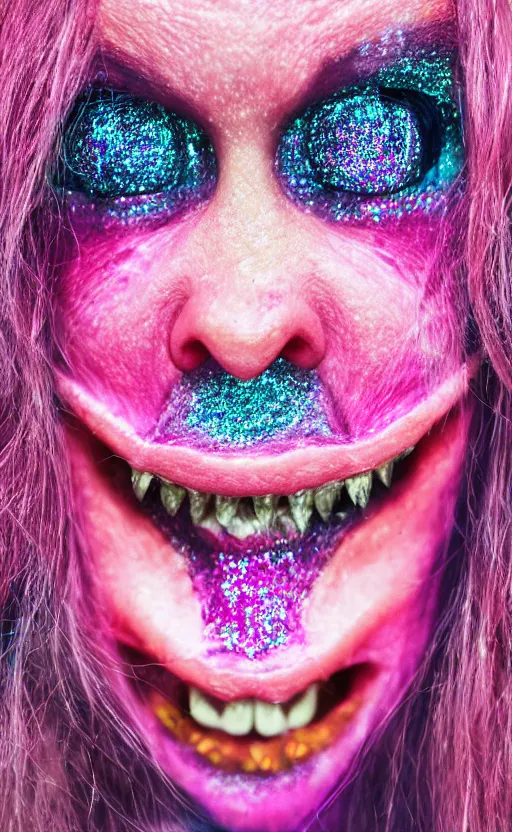 Image similar to face portrait cute saturated pink scary eerie happy ugly creature monster with sparkles and glitter photo 4k