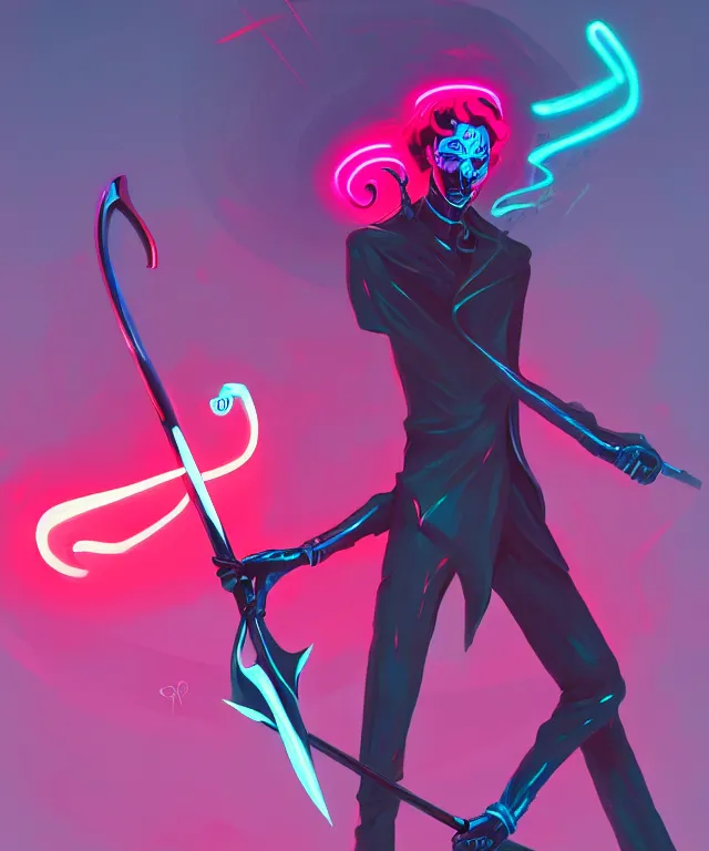 Prompt: a portrait of a neon grim reaper holding a scythe, fantasy, elegant, digital painting, artstation, concept art, matte, sharp focus, illustration, art by josan gonzalez