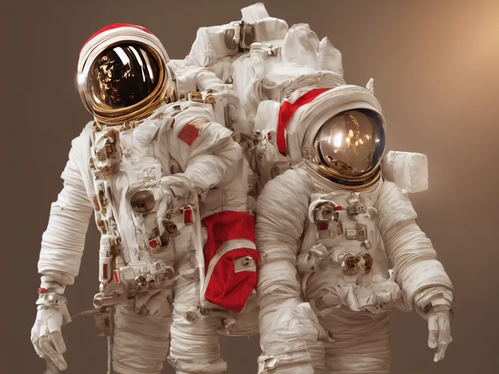 Image similar to ornate red bone in astronaut suit, gold linens, cinematic lighting, dramatic, octane render, long lens, shallow depth of field, bokeh, anamorphic lens flare, 8k, hyper detailed, 35mm film grain