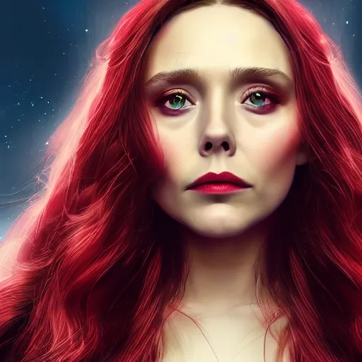 Prompt: A portrait of elizabeth Olsen as scarlet witch with the scarlet witch headpiece, cinematic, digital art, amazing detail