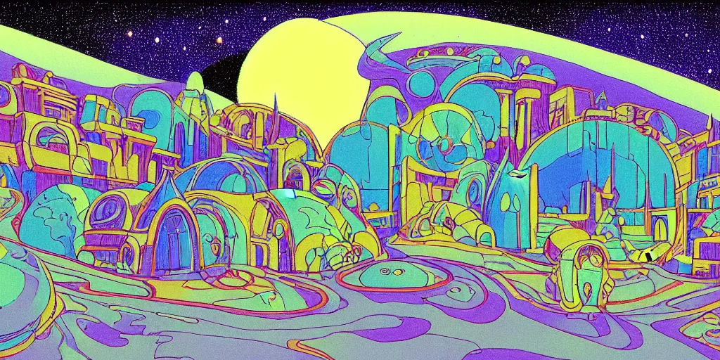 Prompt: traditional drawn colorful animation a car pacing to valley symmetrical architecture on the ground, space station planet afar, planet surface, ground, flower, outer worlds extraterrestrial hyper contrast well drawn Metal Hurlant Pilote and Pif in Jean Henri Gaston Giraud animation film The Masters of Time FANTASTIC PLANET La planète sauvage animation by René Laloux