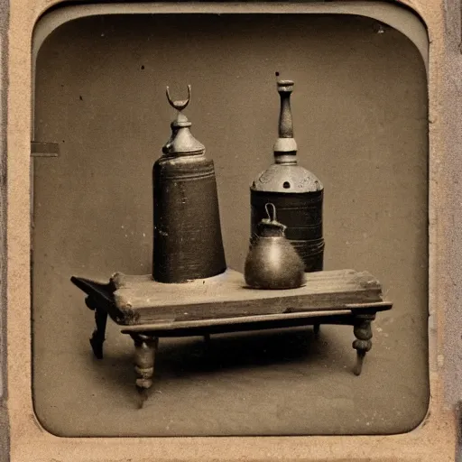 Image similar to Tintype photograph of objects displayed in an ethnographic museum, primitive display, anthropology of wonder, in the style of Marcel Duchamp, found objects, ready-made, 1920s studio lighting.