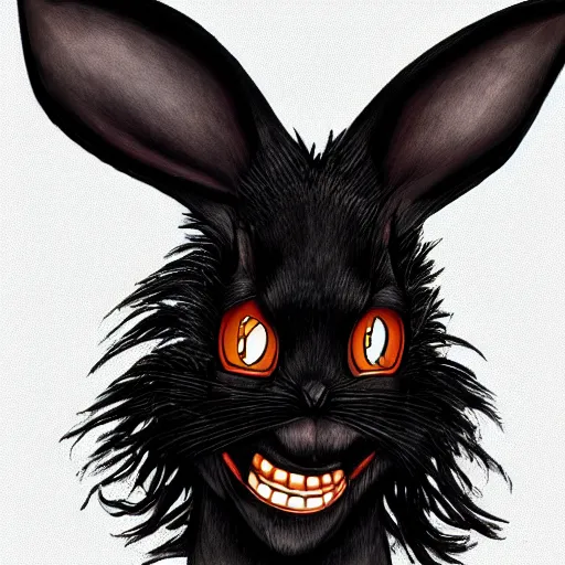 Image similar to A extremely highly detailed majestic hi-res beautiful, highly detailed head and shoulders portrait of a scary terrifying, horrifying, creepy black cartoon rabbit with scary big eyes, earing a shirt laughing, hey buddy, let's be friends, in the style of Walt Disney