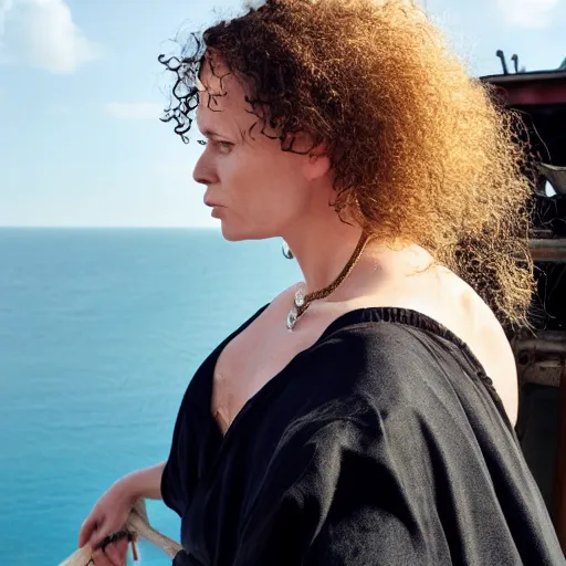 Image similar to a woman looking sick and leaning over the railing of a ship, a beautiful english woman with a long face narrow nose pale skin blue eyes red lips and wild messy tangles of curly white blonde hair, high resolution film still wearing a black robe and skull necklace and holding a spear, sandy, a journey to the west