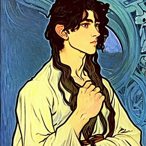 Prompt: portrait painting of young handsome beautiful paladin elf!! man with long! wavy dark hair and blue eyes in his 2 0 s named taehyung minjun james fighting a group of goblins, pale, wearing armor!, modest, elegant, cute, delicate, soft facial features, art by alphonse mucha, vincent van gogh, egon schiele,