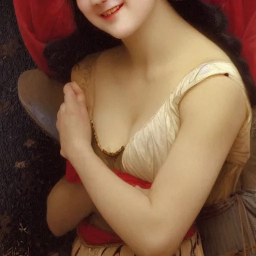 Prompt: Painting of Gong Li as Snow White. Smiling. Happy. Cheerful. Art by william adolphe bouguereau. Extremely detailed. Beautiful. 4K. Award winning.