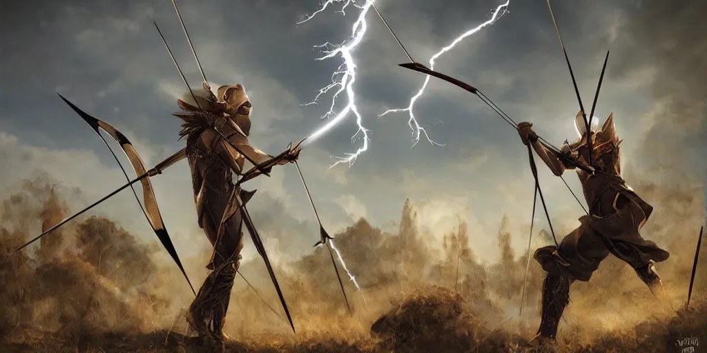 Image similar to lighting strike's archers arrow , fantasy world, realistic, sci-fi, landscape, character design, concept art,