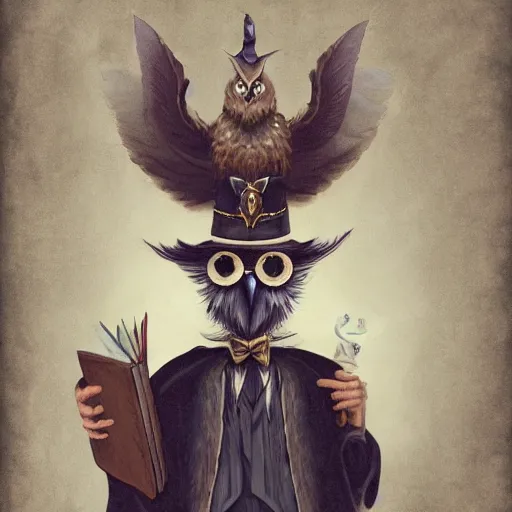 Image similar to portrait of an owlfolk wizard with a monocle, holding a spellbook