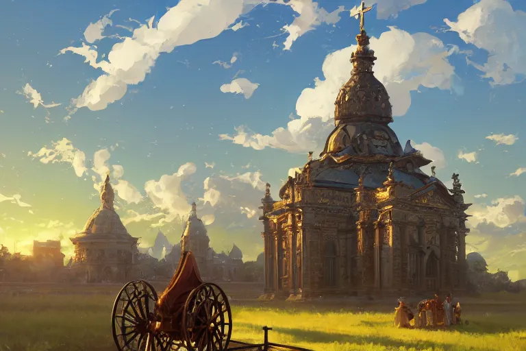 Prompt: an mobile ornate baroque church with chain wheels, scene in an open field. key visual, conceptart, ambient lighting, highly detailed, digital painting, artstation, concept art, sharp focus, by makoto shinkai and akihiko yoshida and greg manchess