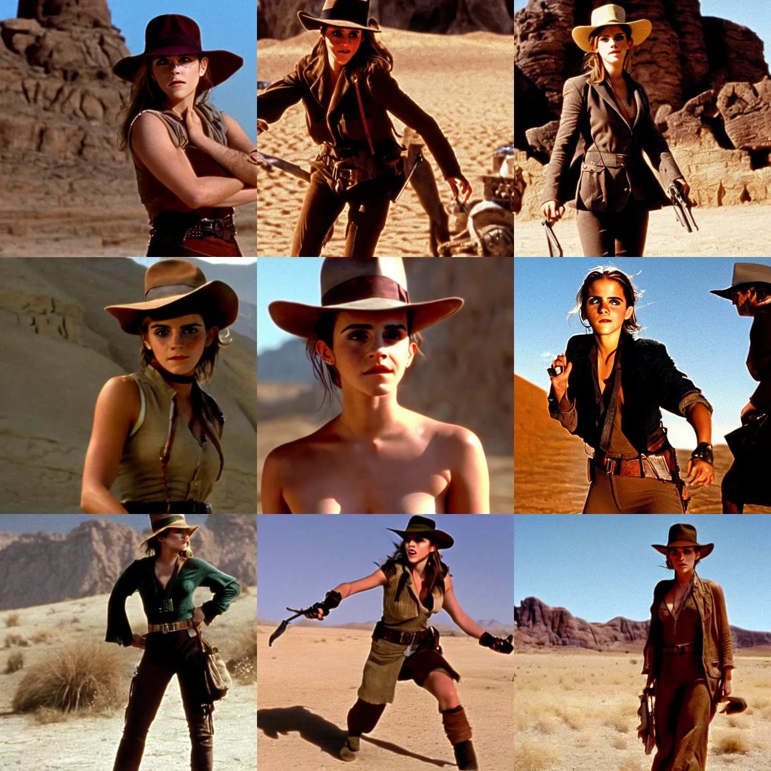 Prompt: Emma Watson as Indiana Jones, in a desert, film still from 'Indiana Jones and the Last Crusade (1989)'