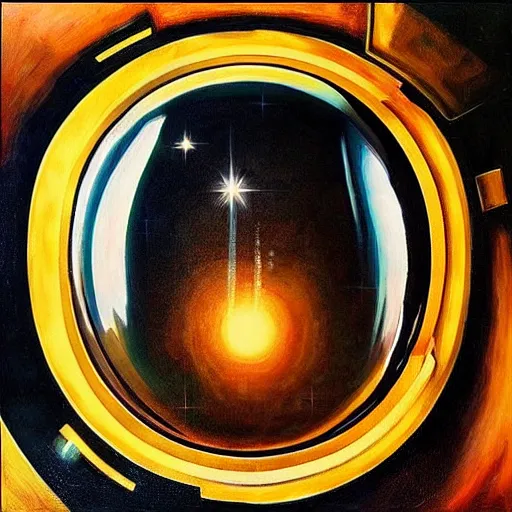 Image similar to “astronaut on board international space station wearing black space suit and gold helmet, highly detailed, realistic, portrait, photorealistic, proportional, beauty, fish eye lens, nasa, spacex, in the style of Edward hooper oil painting sun rising”