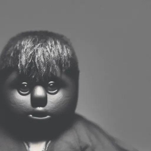 Image similar to a ( ( chiaroscuro lighting portrait ) ) of kanye west dressed as teddy bear mascot, black background, portrait by julia margaret cameron, shallow depth of field, 8 0 mm, f 1. 8