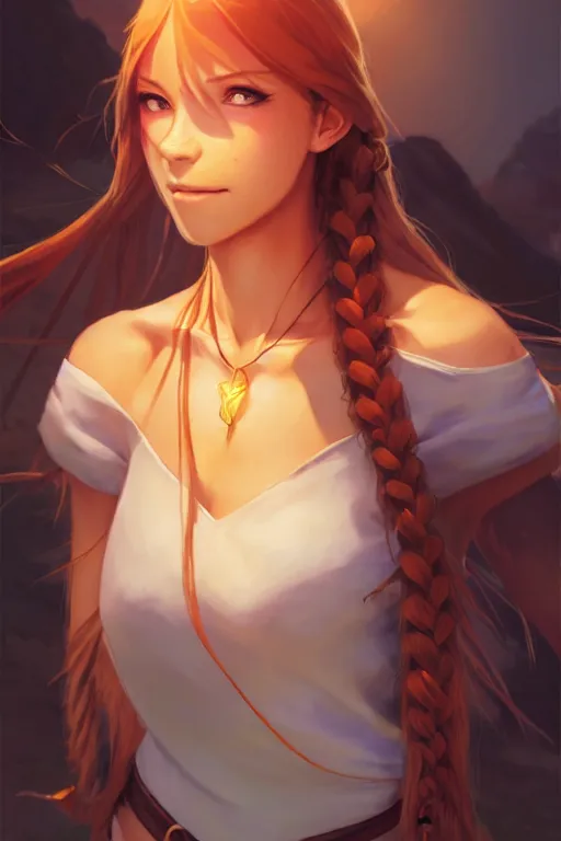 Image similar to long ginger hair, tanned woman in a prehistoric outfit, green eyes, fang necklace, by artgerm, hair tied in a ponytail, white backdrop, soft lighting, night scene, by greg rutkowski makoto shinkai takashi takeuchi