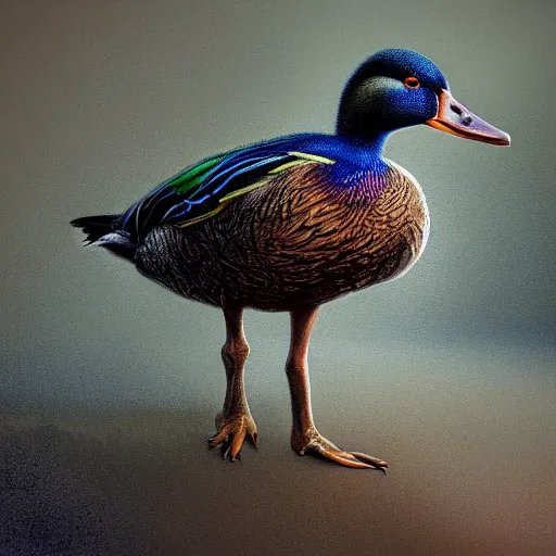 Image similar to hyperrealistic mixed media high resolution painting of a mallard with proportional human extremities, stunning 3d render inspired art by István Sándorfi and Greg Rutkowski, perfect symmetry, dim volumetric lighting, 8k octane beautifully detailed render, post-processing, extremely hyper-detailed, intricate, epic composition, highly detailed attributes, highly detailed atmosphere, cinematic lighting, masterpiece, trending on artstation, very very detailed, masterpiece, stunning, flawless structure, lifelike texture, perfection,