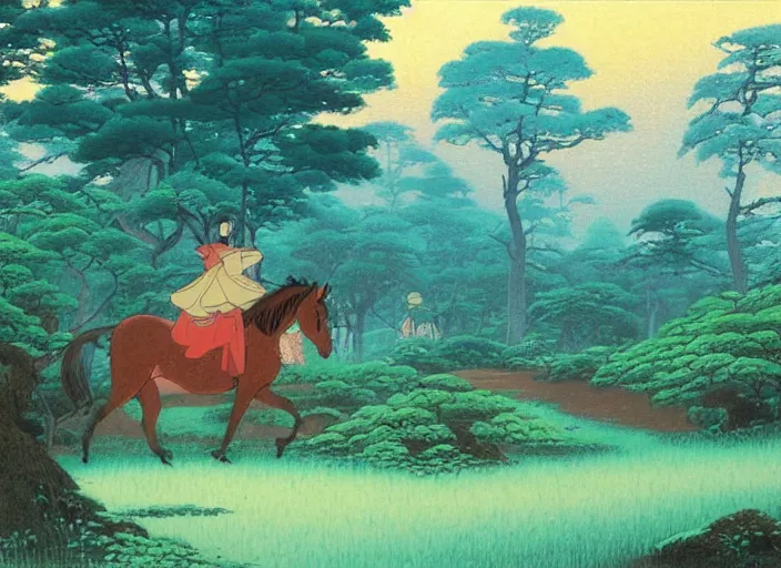 Prompt: forest with horse by studio ghibli painting, by ohara koson and thomas kinkade