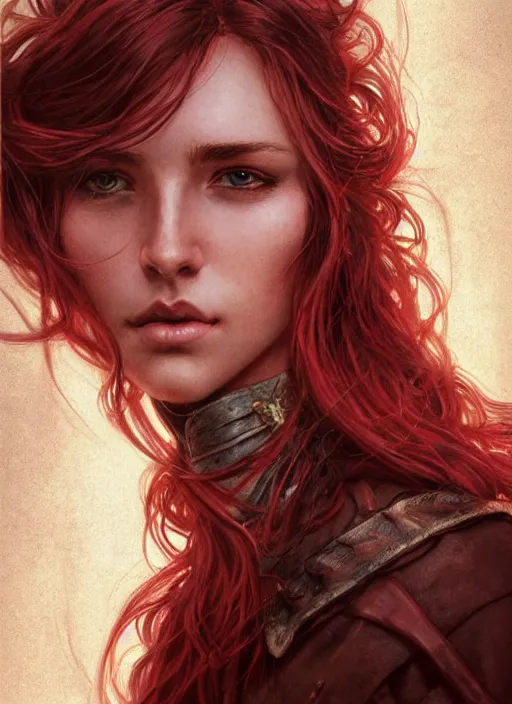 Prompt: vertical portrait of a ruggedly handsome female cleric, soft hair, close - up face, leather, witchy, d & d, fantasy, intricate, elegant, highly detailed, digital painting, artstation, concept art, smooth, sharp focus, illustration, art by artgerm and greg rutkowski and alphonse mucha, plain red background