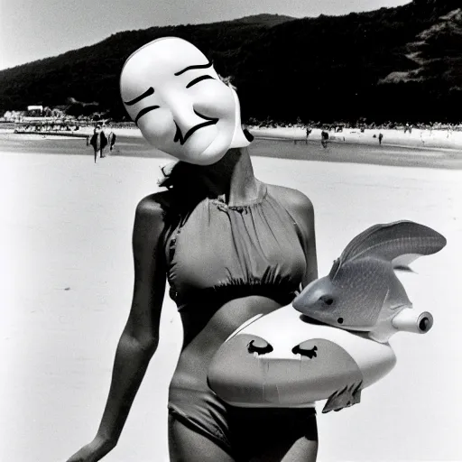 Image similar to 1976 woman wearing a happyprosthetic mask with long snout nose and nostril, soft color wearing a swimsuit at the beach 1976 holding a an inflatable fish color film 16mm Fellini John Waters Russ Meyer Doris Wishman old photo