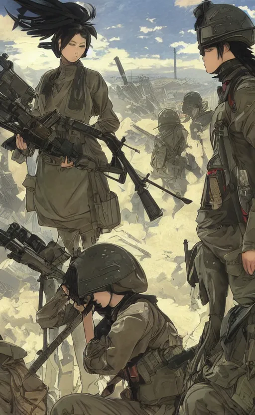 Prompt: anime style, modern warfare, panoramic view of girl under artillery fire, trench and sandbags in background, soldier clothing, hair down, symmetrical facial features, from arknights, wallpaper, trending pixiv, safebooru, volumetric modelling, think in 3 d, by alphonse mucha, greg rutkowski, sharp focus, backlit