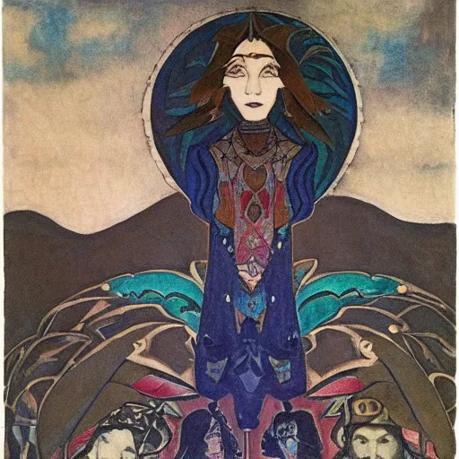 Image similar to the crow prince, by Annie Swynnerton!!!! and Nicholas Roerich! and (Edmund Dulac) and (((Diego Rivera))), embroidered brocade, tattoos, elaborate costume, geometric ornament, symbolist, rich colors, dramatic lighting, smooth, sharp focus, extremely detailed