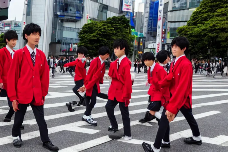 Prompt: japanese middle school boys wearing school uniforms at shibuya crossing, red weapon 8 k s 3 5, cooke anamorphic / i lenses, highly detailed, cinematic lighting