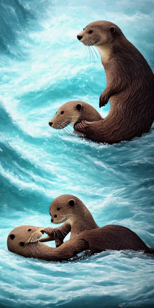 Image similar to An adorable otter saving his sleeping wife from the whirlpool, in love, holding hands side by side, in the middle of a super scary storm at sea, thunder, lightning, waves, fantasy illustration, cinematic, award winning, romantic, detailed trending on artstation, masterpiece