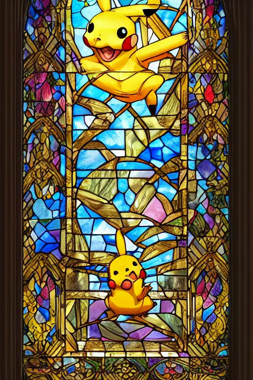 Prompt: Beautiful hyperrealistic detailed matte painting of pikachu in stained glass windows in colors reflecting sun rays, glass texture by andreas rocha and john howe, and Martin Johnson Heade, featured on artstation, featured on behance, golden ratio, ultrawide angle, f32, well composed, cohesive