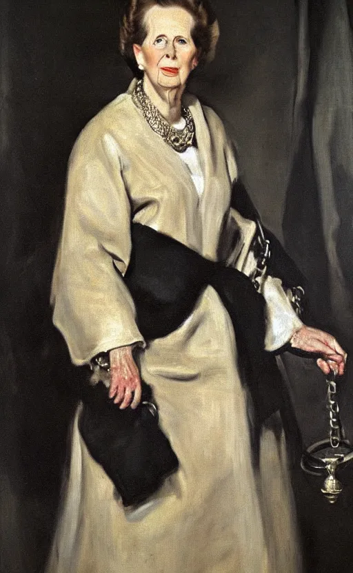 Prompt: an oil portrait of margaret thatcher in ceremonial robe keeping chained distressed servals at her feet, high quality, artstation, higly detailed, art by velaquez rubens and francisco goya, dark lighting