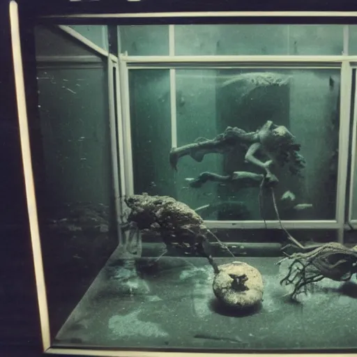 Image similar to spooky creepy liminal space, display case, aquatic exhibition science museum, dried aquarium, computer screens, photo taken on 1 9 8 0 s fujifilm superia