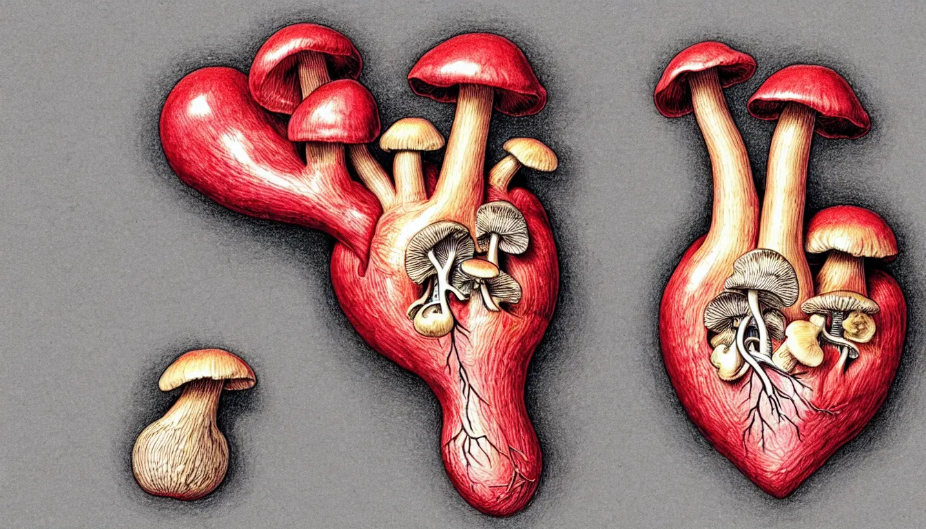 Prompt: a human heart with mushrooms growing out of the valves, anatomically correct drawing