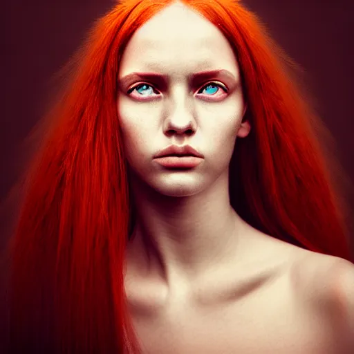 Prompt: a portrait photograph of a female angel by Alessio Albi, beautiful full face, symmetrical face, artstation, deviantart, hyperrealism, green eyes, long red hair, a small nose