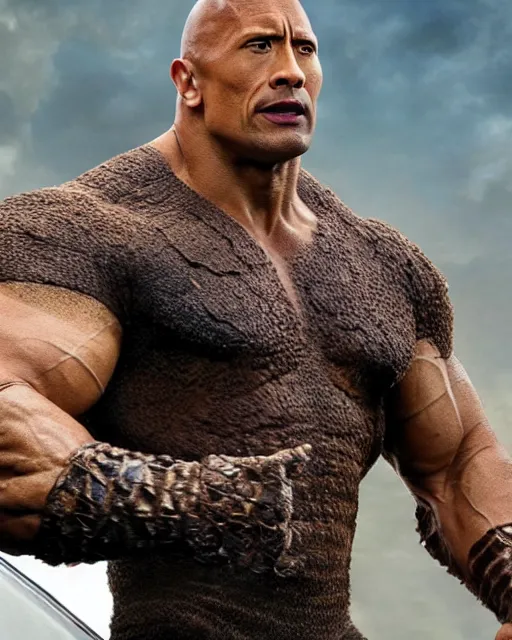 Prompt: dwayne johnson as ben grimm in the new fantastic four movie. dwayne is wearing an elaborate ben grimm style rock monster suit designed by rick baker. dwayne is wearing the fantastic four costume