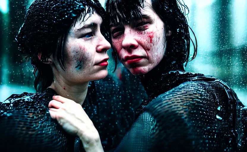 Prompt: cinestill 5 0 d candid photographic portrait by helen levitt of two loving skandinavian female androids wearing rugged black mesh techwear in treacherous waters, extreme closeup, modern cyberpunk moody depressing cinematic, pouring rain, 8 k, hd, high resolution, 3 5 mm, f / 3 2, ultra realistic faces, ex machina