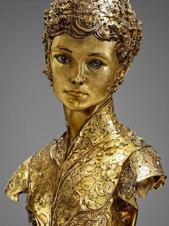 Image similar to a backlit art nouveau marble head and torso sculpture of a worried young audrey hepburn, wearing intricate gold plate armor on her chest and a golden helmet, delicate, intricate, smooth, beautiful, glowing, by charles van der stappen